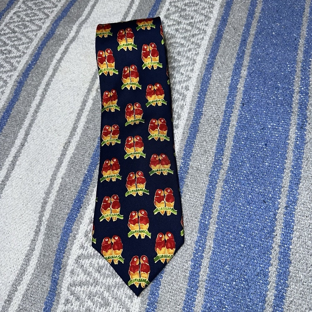 Lands End | Mens Neck Tie | Blue Parrots Silk Wide Long‎ Tropical Resort Vintage